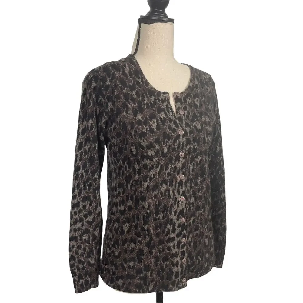 C by Bloomingdale's 2-Ply Cashmere Leopard Print Cardigan Size Small